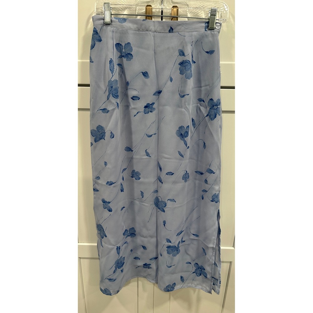 Worthington Womens Blue Floral Maxi Skirt Vintage Style Side Slit Size 8 NWT